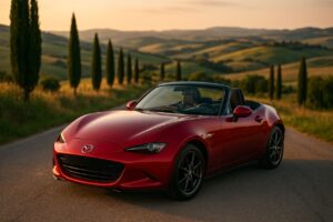 Mazda MX-5 roadster rossa in noleggio a lungo termine su strada panoramica toscana