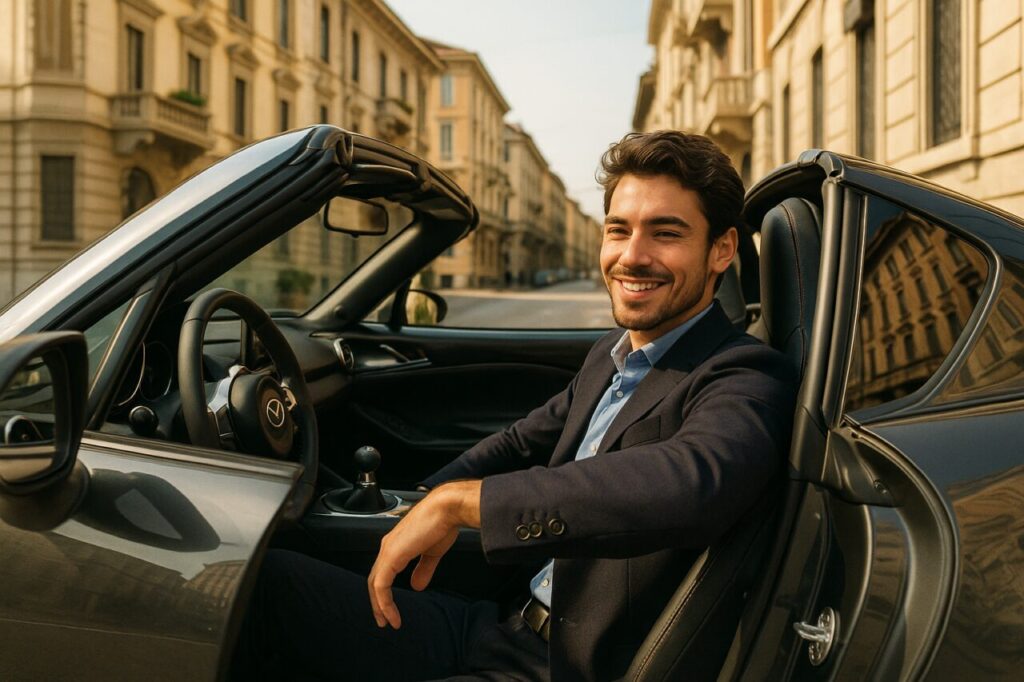 Guidatore italiano a bordo di una Mazda MX-5 RF km0 a Milano con tetto aperto in noleggio lungo termine