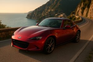Mazda MX-5 RF usata in noleggio a lungo termine sulla costa italiana al tramonto