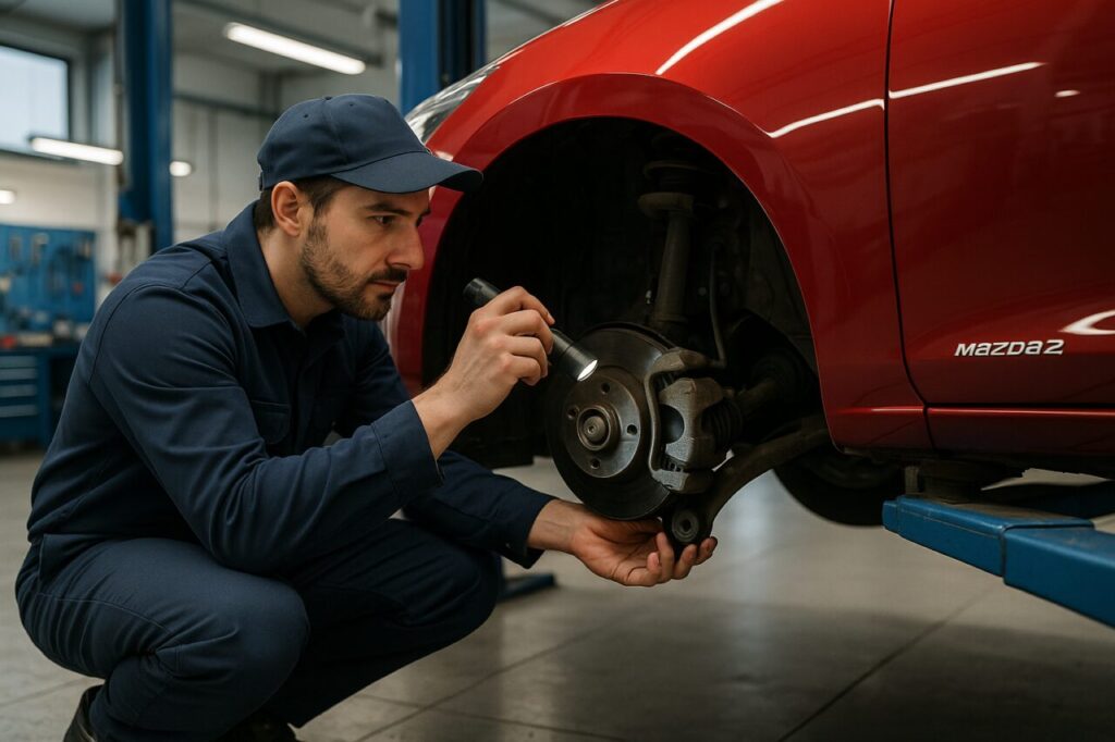 Meccanico controlla i braccetti anteriori e le boccole di una Mazda2 usata su ponte sollevatore
