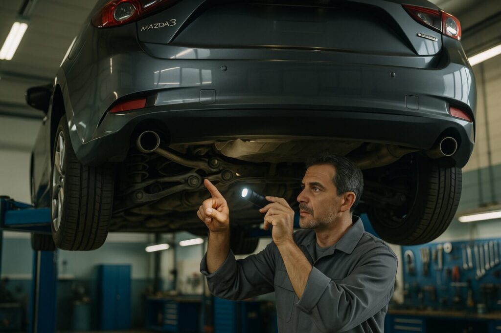 Meccanico italiano controlla le sospensioni multilink di una Mazda3 usata in officina