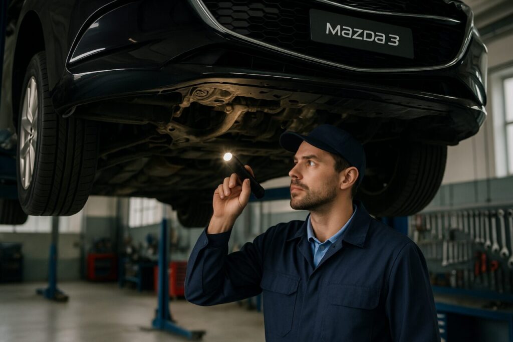 Meccanico ispeziona il sottoscocca di una Mazda3 usata su elevatore in officina italiana