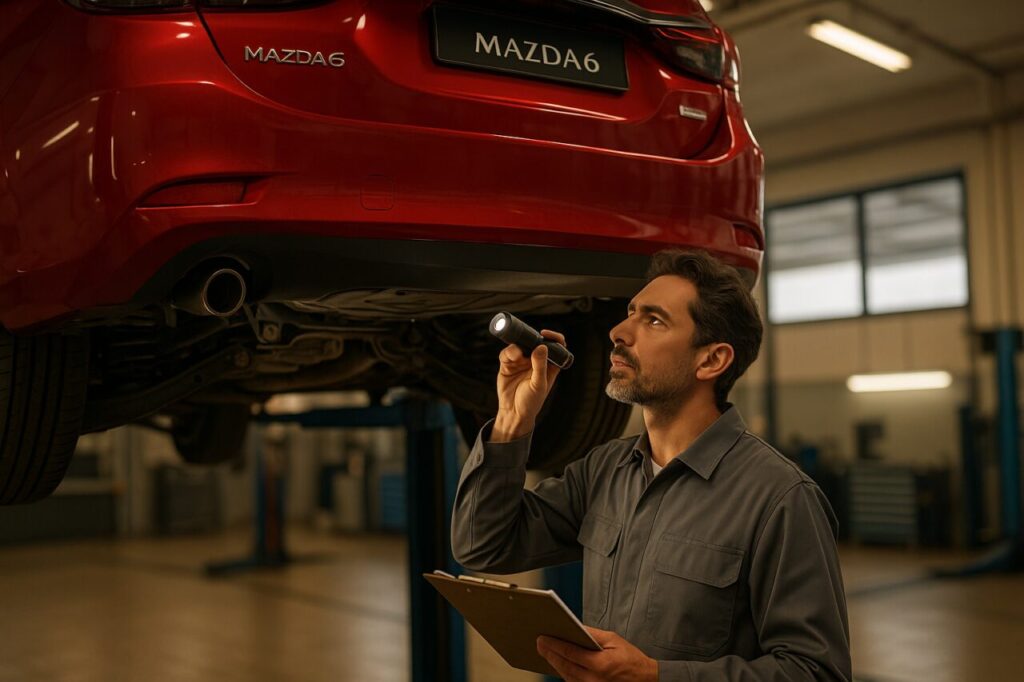 Meccanico italiano ispeziona il retrotreno multilink di una Mazda6 usata sull'elevatore durante un controllo tecnico pre-acquisto