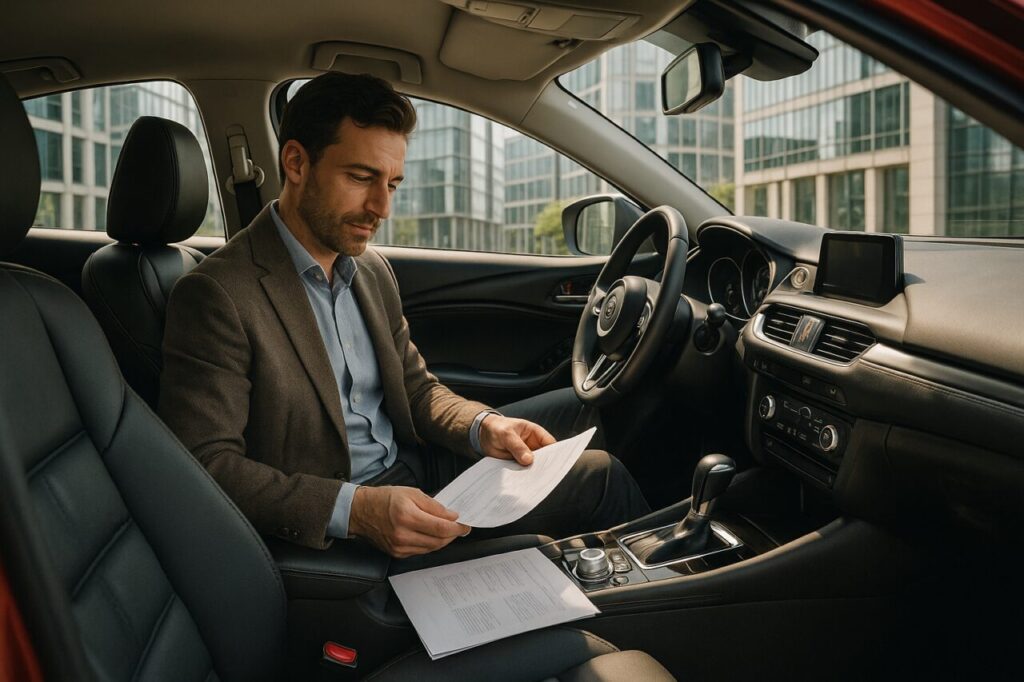 Professionista italiano a bordo di una Mazda6 in noleggio a lungo termine, berlina usata ideale per uso professionale e aziendale