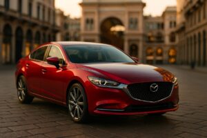 Mazda6 Sedan usata in noleggio a lungo termine parcheggiata nel centro di Milano con architettura italiana sullo sfondo