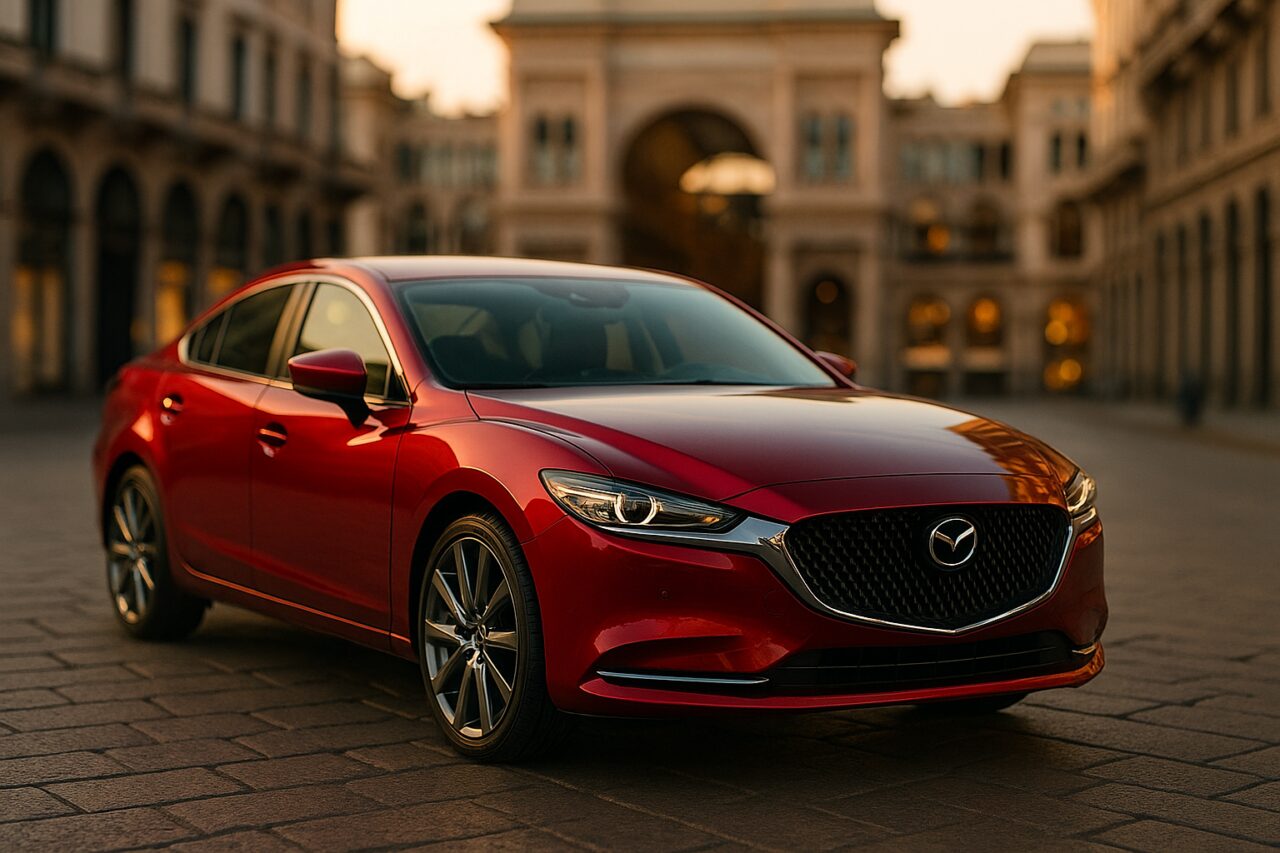 Mazda6 Sedan usata in noleggio a lungo termine parcheggiata nel centro di Milano con architettura italiana sullo sfondo