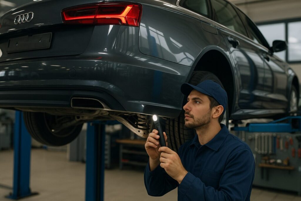 Meccanico italiano controlla il sottoscocca di un'Audi A6 usata su elevatore, manutenzione NLT