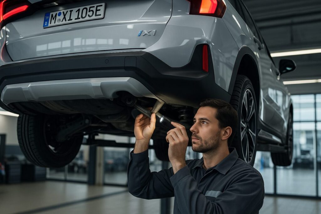 Meccanico BMW controlla i silent block dei braccetti posteriori di una iX1 in officina autorizzata