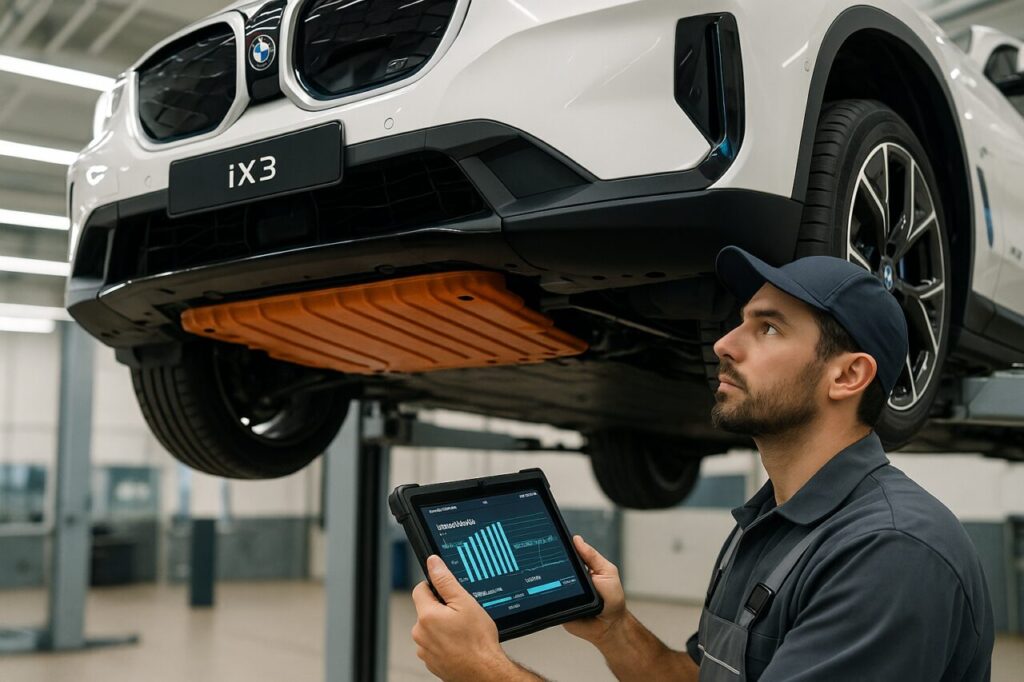 Meccanico BMW controlla la batteria e il sistema di raffreddamento di un iX3 in officina autorizzata