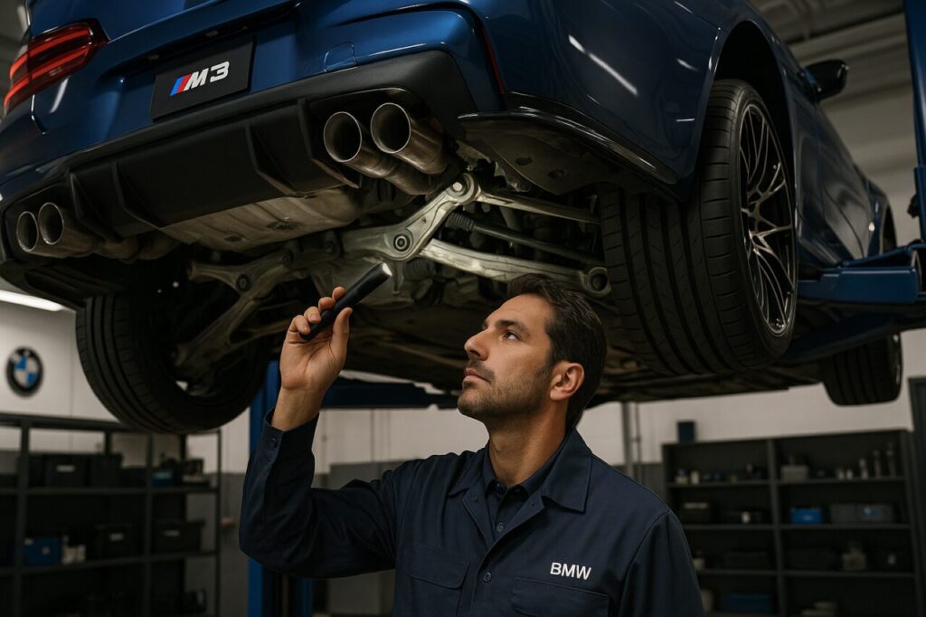 Meccanico specializzato BMW ispeziona i cuscinetti e le sospensioni di una BMW M3 sull'elevatore in officina italiana