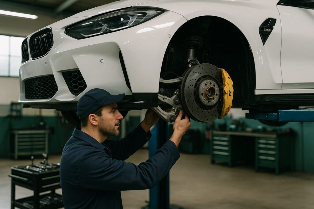 Meccanico specializzato BMW controlla le boccole dei braccetti anteriori di una M4 Competition usata in officina italiana