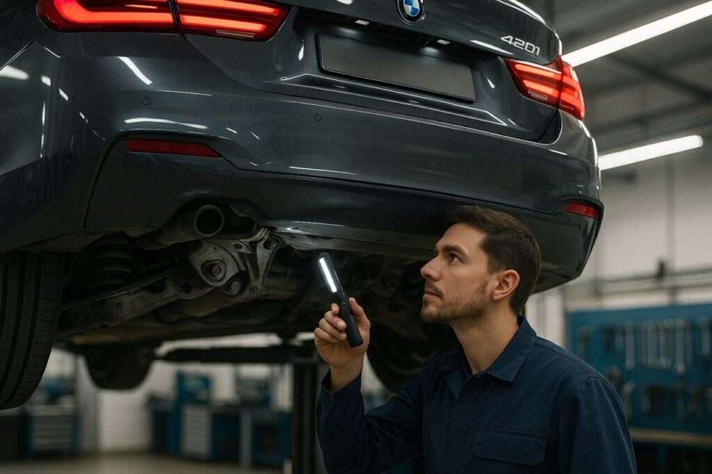 Meccanico specializzato BMW controlla le sospensioni posteriori multilink di una Serie 4 Gran Coupé usata