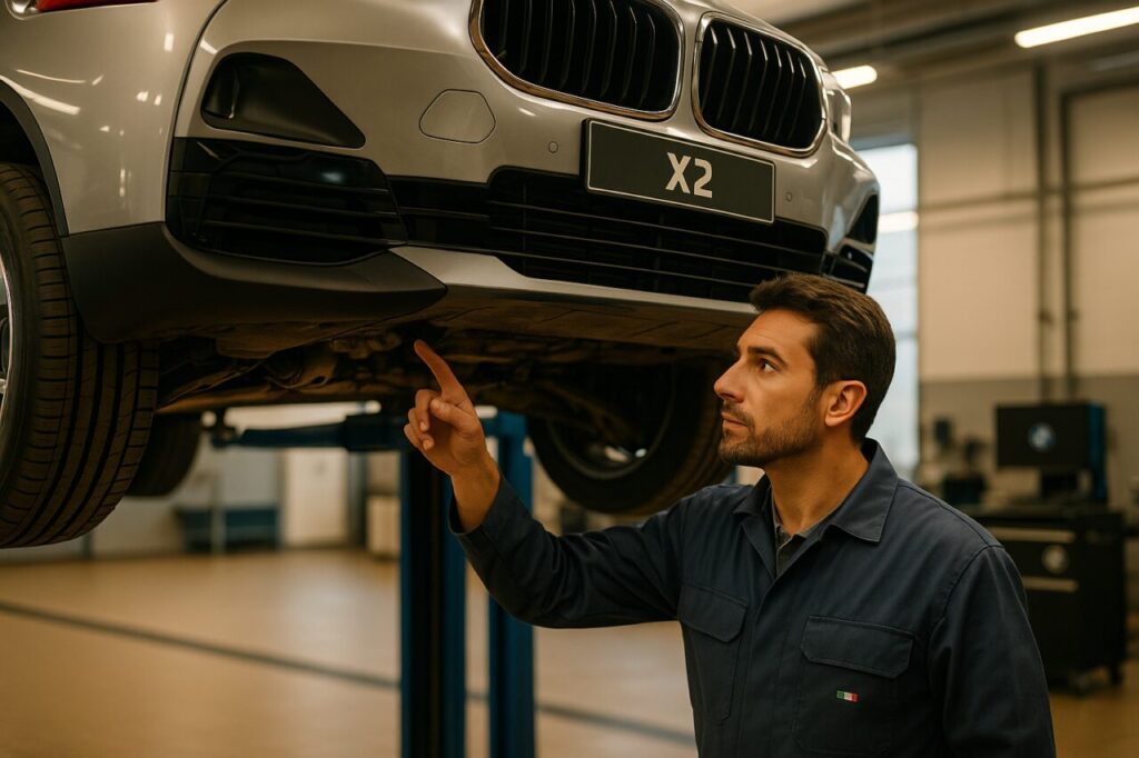 Meccanico specializzato BMW controlla i braccetti anteriori di una BMW X2 su elevatore in officina italiana