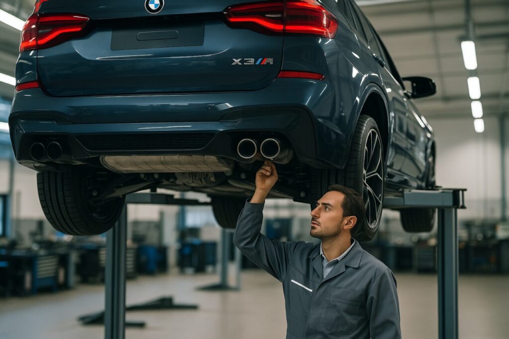 Meccanico specializzato BMW controlla i silent block posteriori della X3 M su ponte sollevatore