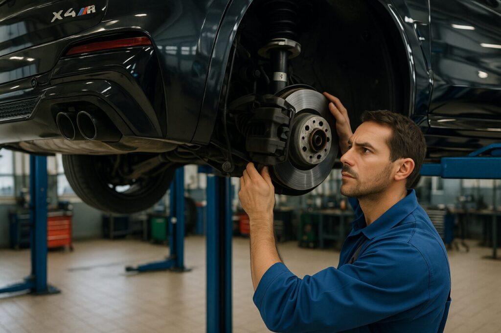 Meccanico BMW autorizzato controlla le sospensioni e i freni di un BMW X4 M usato durante il tagliando