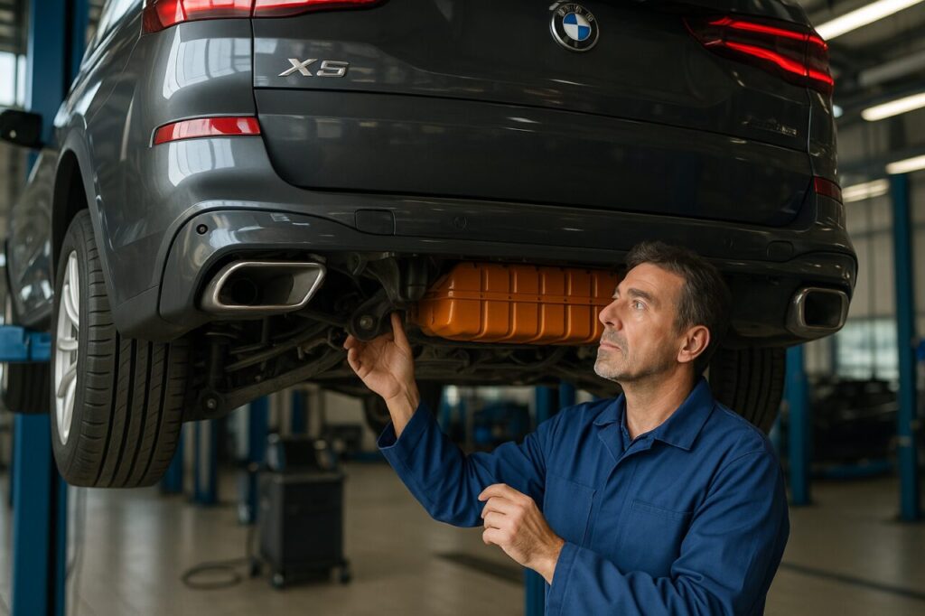 Meccanico specializzato controlla le sospensioni posteriori e la batteria ad alta tensione di un BMW X5 ibrido plug-in
