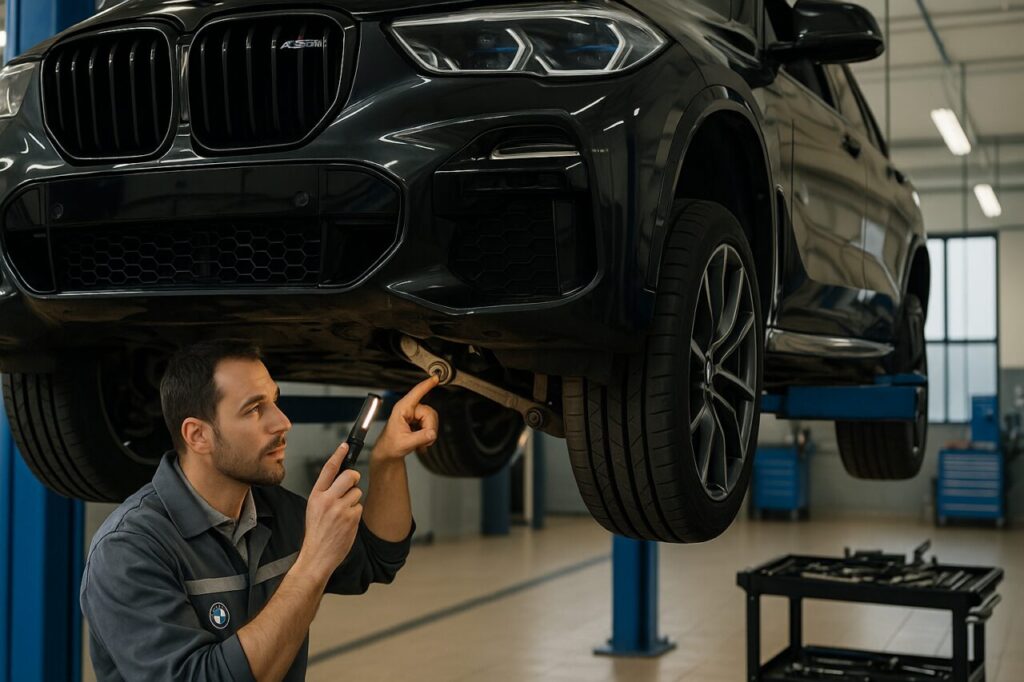 Meccanico specializzato BMW controlla le sospensioni di una X5 M usata in officina italiana