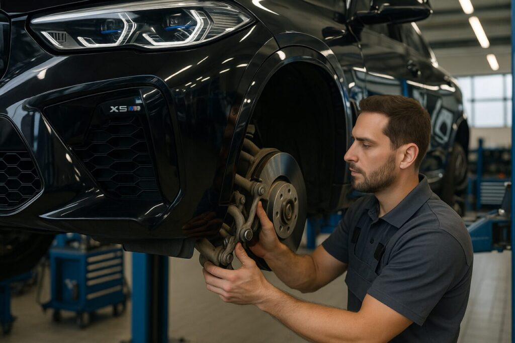 Meccanico specializzato BMW controlla i braccetti e i silent-block dell'avantreno di un BMW X6 M usato su ponte elevatore