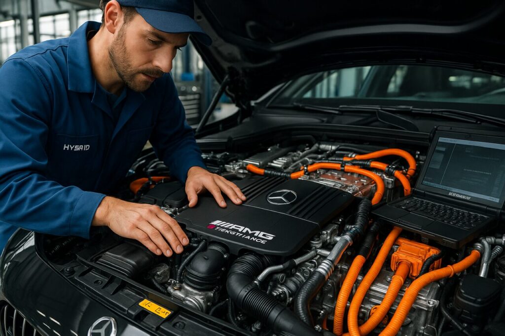 Meccanico certificato Mercedes esegue diagnosi con Star Diagnosis su Mercedes-AMG C 63 S E Performance ibrida plug-in