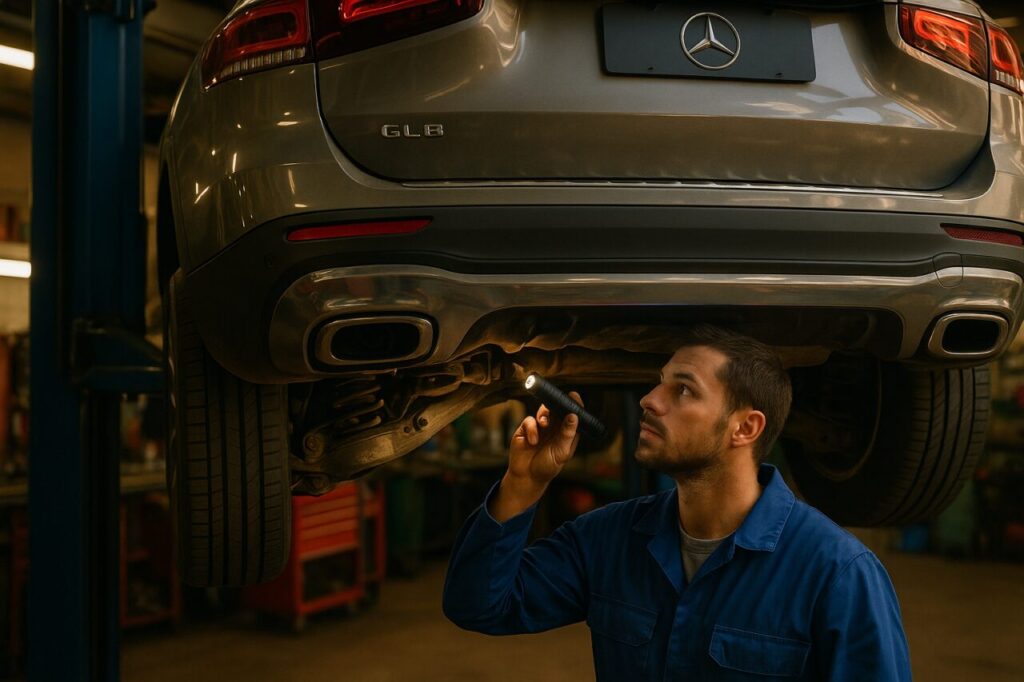 Meccanico controlla la sospensione posteriore di un Mercedes GLB usato in officina italiana