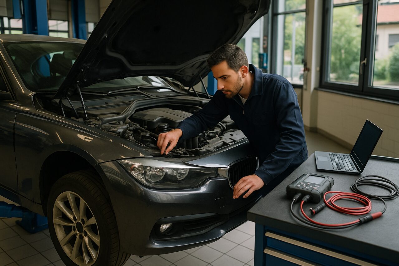 Meccanico professionista che controlla il motore di un'auto usata in officina, diagnostica auto, manutenzione noleggio lungo termine