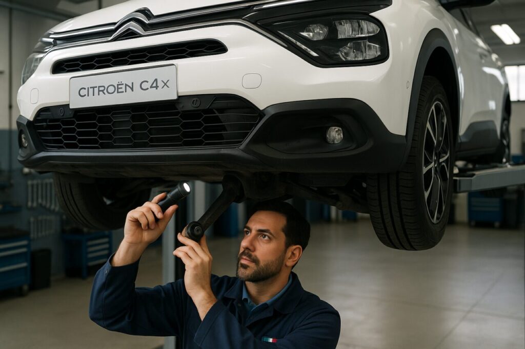 Meccanico italiano controlla le sospensioni e i silent block di una Citroën C4X su ponte sollevatore