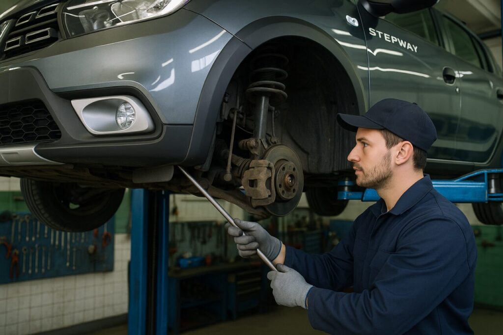 Meccanico italiano controlla i silentblock e i braccetti anteriori di una Dacia Sandero Stepway sul ponte sollevatore