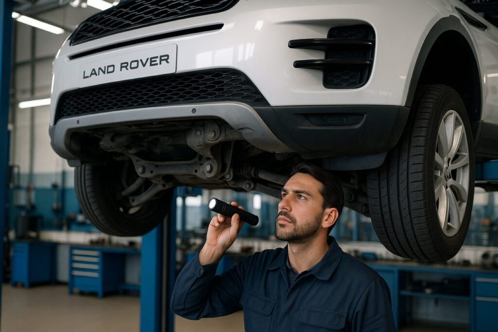 Meccanico italiano controlla le sospensioni e il sottoscocca di un Land Rover Evoque usato su elevatore