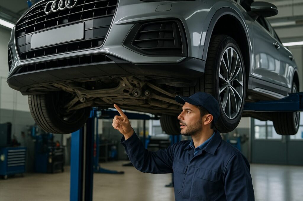 Meccanico specializzato controlla la trasmissione S tronic e i silent block dell'Audi Q5 Sportback su elevatore