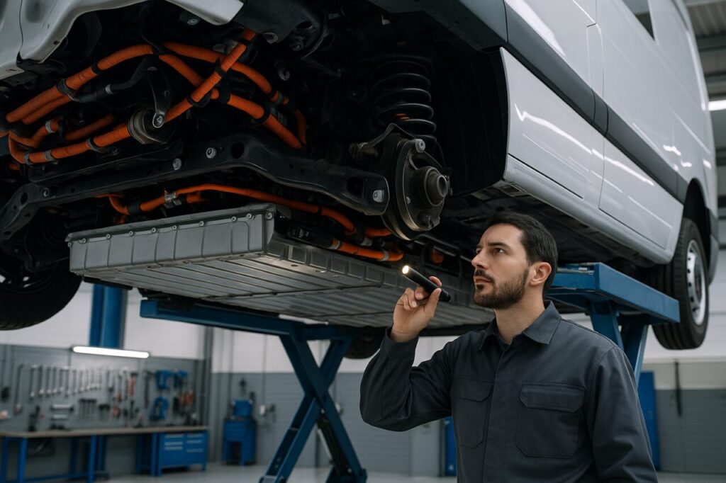 Meccanico specializzato in veicoli elettrici controlla il pacco batterie di un Fiat E-Doblò su ponte sollevatore in officina italiana