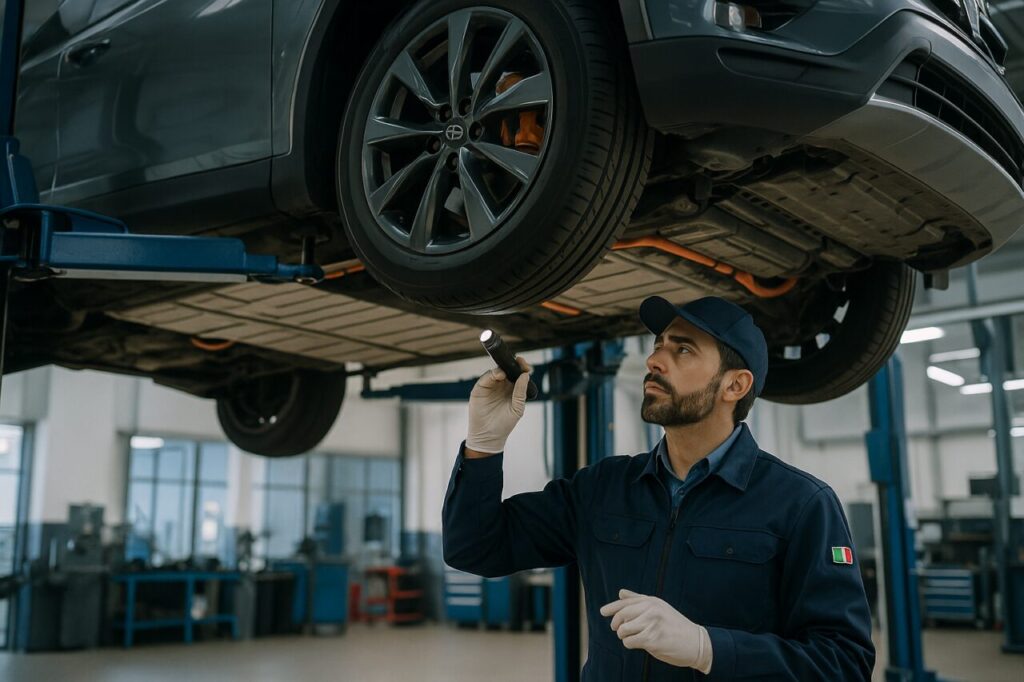 Meccanico italiano controlla il pacco batteria di un SUV ibrido plug-in usato durante un tagliando