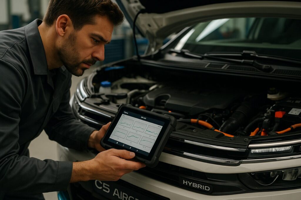 Meccanico autorizzato PSA controlla la cinghia di distribuzione e il sistema ibrido del Citroën C5 Aircross PHEV
