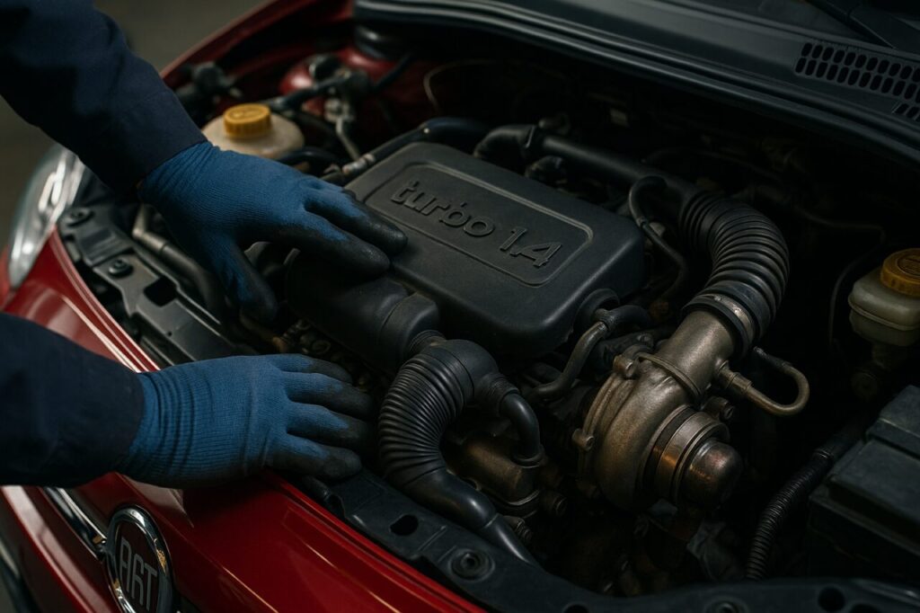 Meccanico controlla il motore 1.4 Turbo MultiAir di una Alfa Romeo MiTo usata durante un tagliando