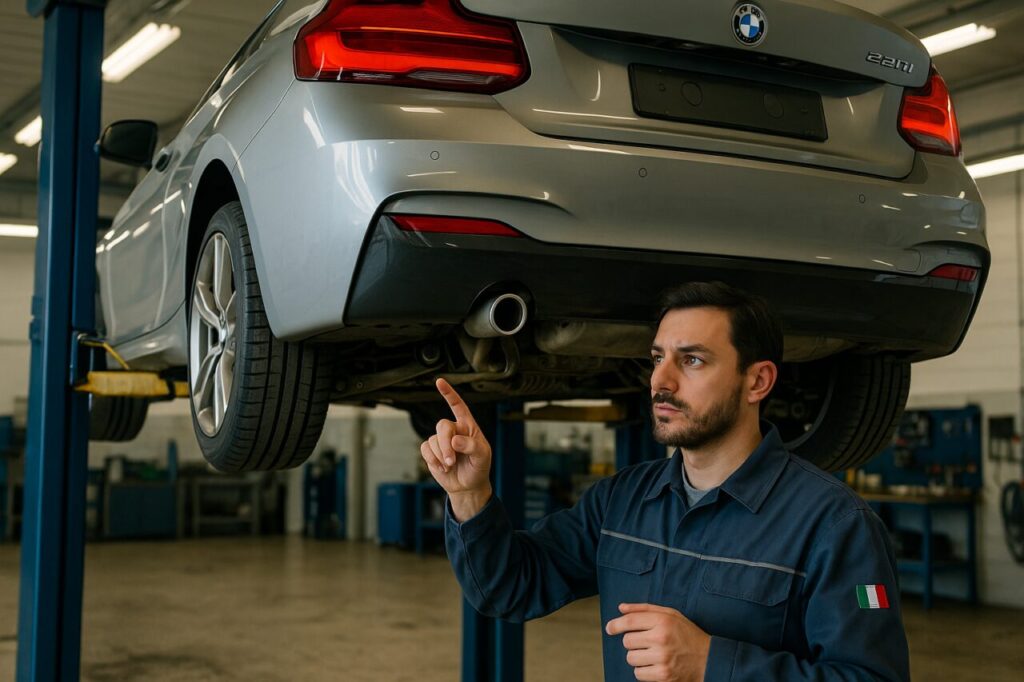 Meccanico italiano controlla il retrotreno multilink di una BMW Serie 2 Coupé usata su elevatore