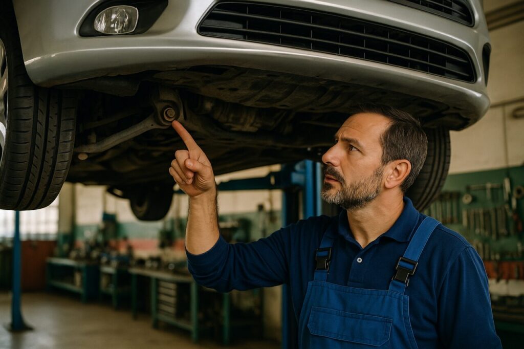Meccanico italiano controlla la sospensione anteriore di una Citroën Xsara usata sul ponte sollevatore