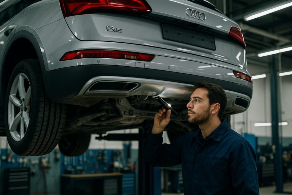 Meccanico specializzato controlla le sospensioni di un Audi Q5 usato sul ponte elevatore