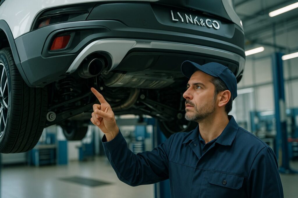 Meccanico italiano controlla le sospensioni multilink di una Lynk & Co 01 usata su ponte sollevatore
