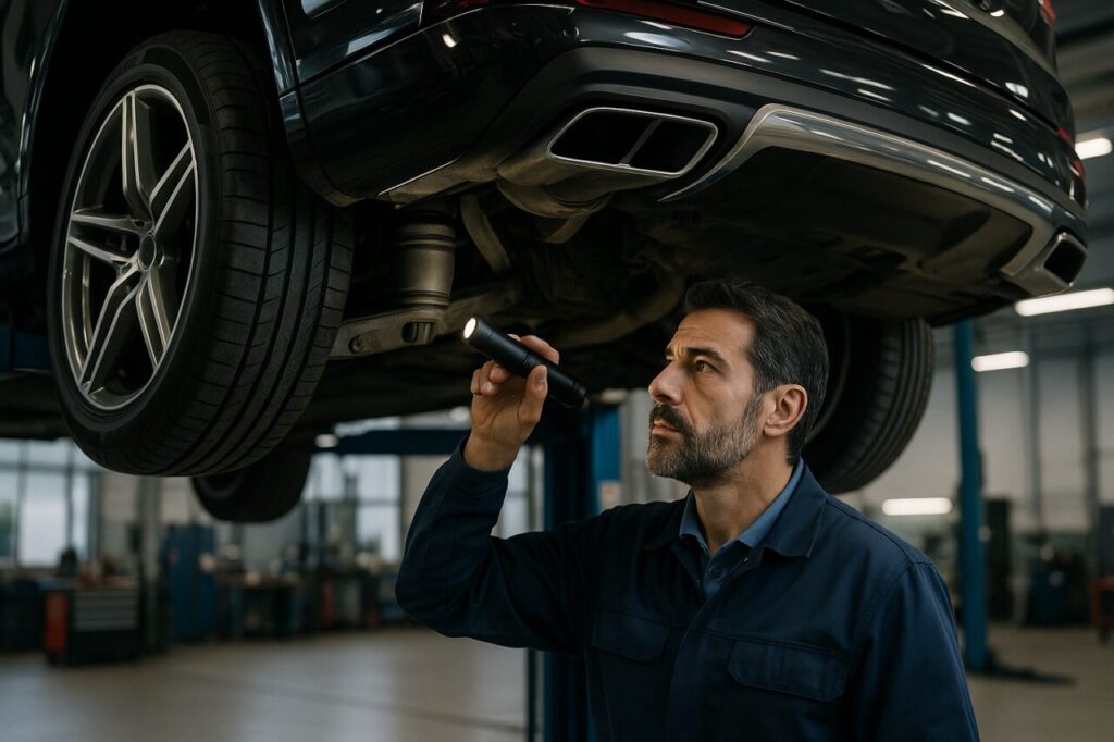 Meccanico italiano controlla le sospensioni pneumatiche di un Audi Q7 usato su elevatore