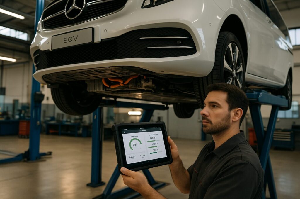 Meccanico specializzato controlla il pacco batteria e i braccetti anteriori di un Mercedes EQV usato