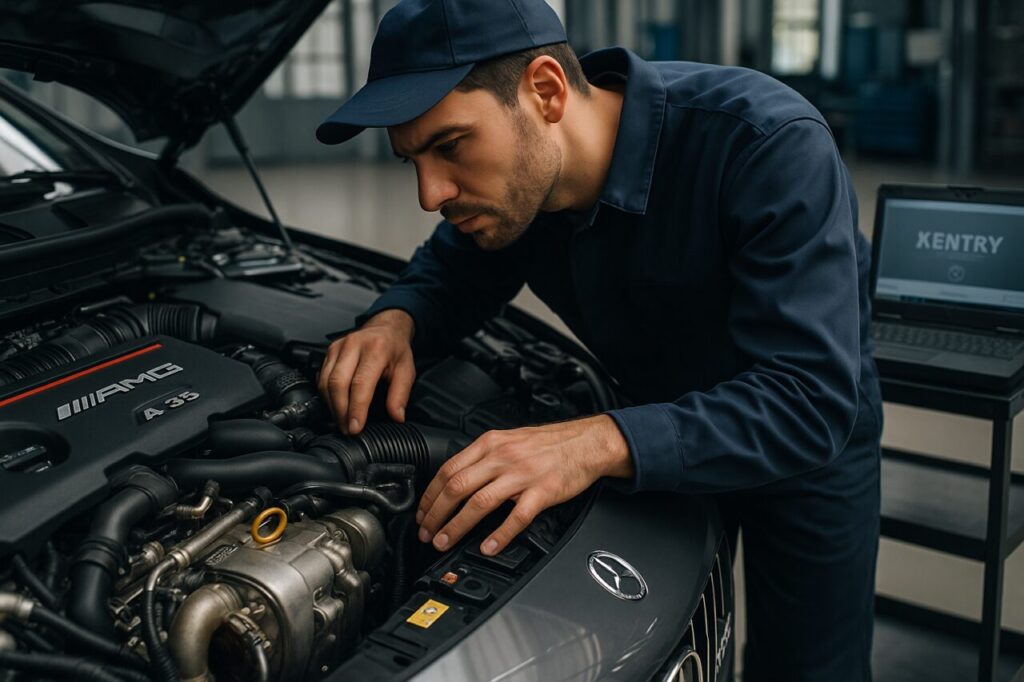 Meccanico specializzato esegue diagnosi XENTRY su cambio DCT Mercedes-AMG A 35 in officina italiana