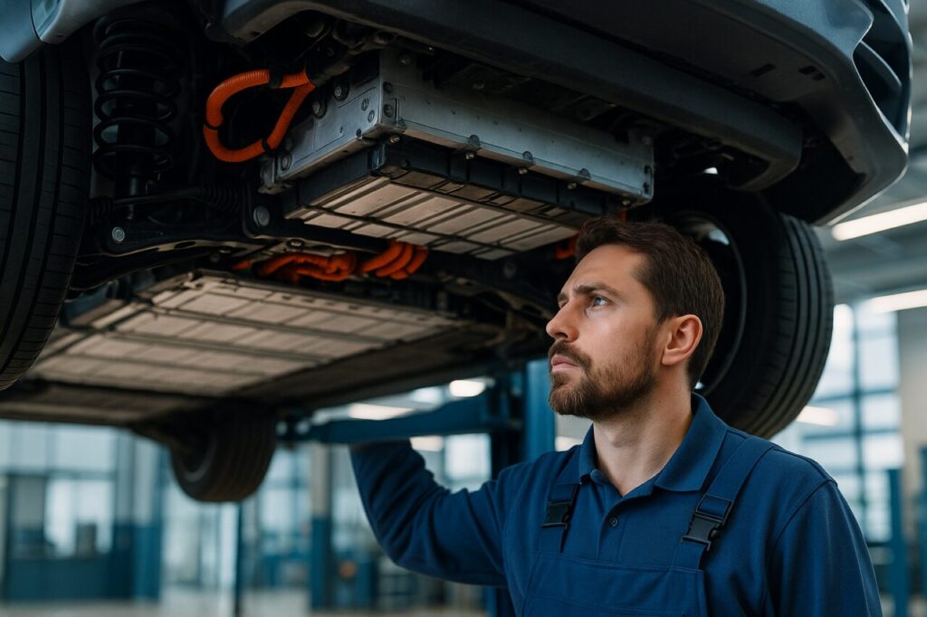 Meccanico specializzato ispeziona la sospensione e il pacco batteria di un'auto elettrica BYD su ponte sollevatore