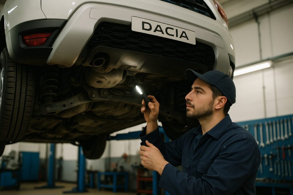Meccanico italiano che ispeziona il sottoscocca di una Dacia Duster sull'elevatore in officina