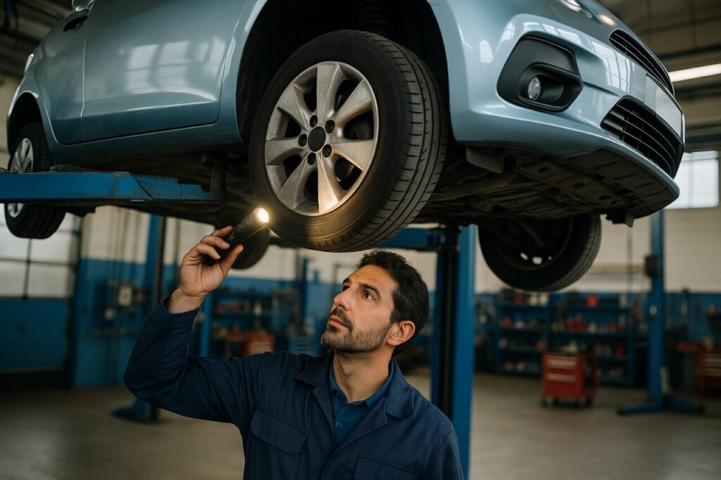 Meccanico italiano ispeziona la scocca di una Dacia Sandero usata su elevatore in officina