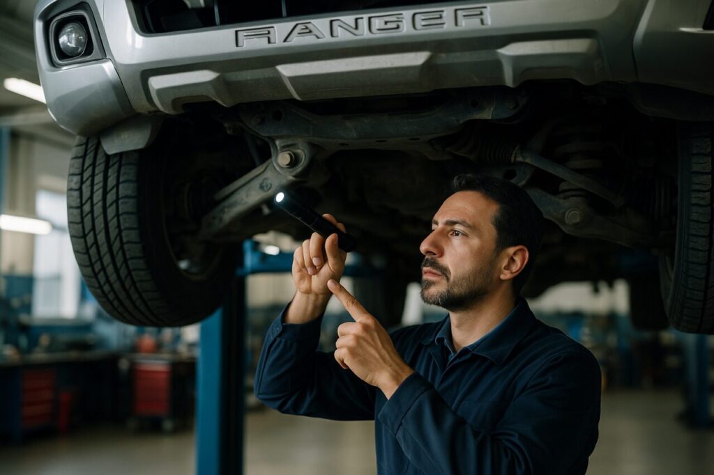 Meccanico italiano ispeziona il telaio e le sospensioni di un Ford Ranger sull'elevatore in officina