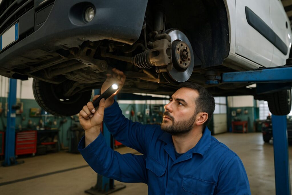 Meccanico ispeziona le sospensioni di un furgone usato su elevatore in officina italiana