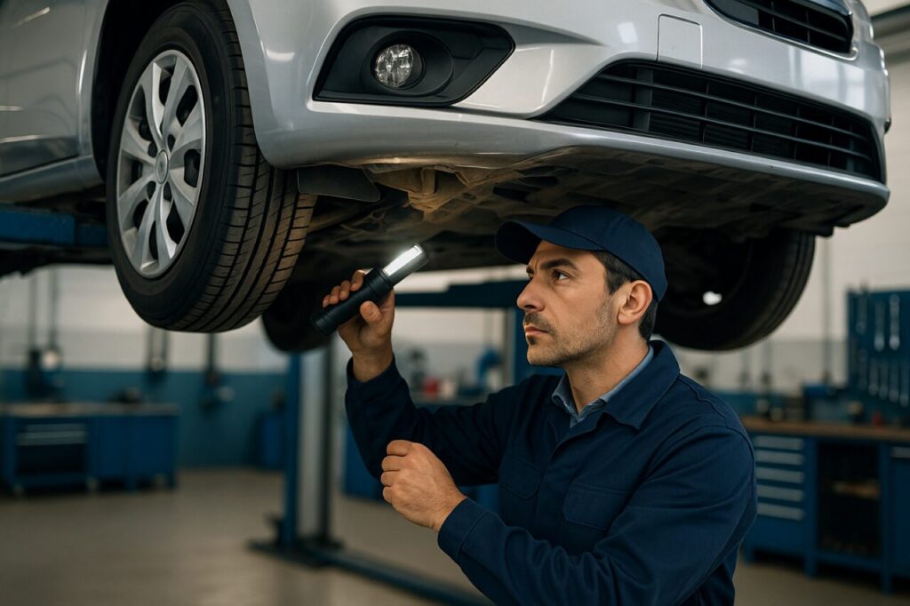 Meccanico italiano controlla i braccetti e la scocca di una Hyundai i20 usata sull'elevatore