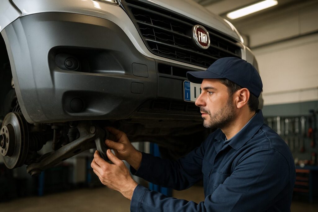 Meccanico italiano controlla la sospensione anteriore di un Fiat Ducato usato sollevato su ponte in officina