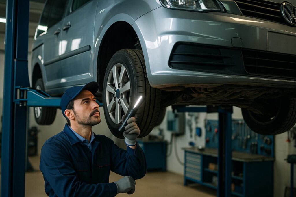 Meccanico che ispeziona le sospensioni anteriori di un Citroën Spacetourer usato sul ponte