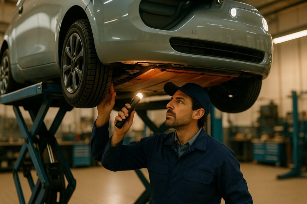 Meccanico italiano ispeziona il sottoscocca e la batteria di un'auto elettrica su ponte elevatore