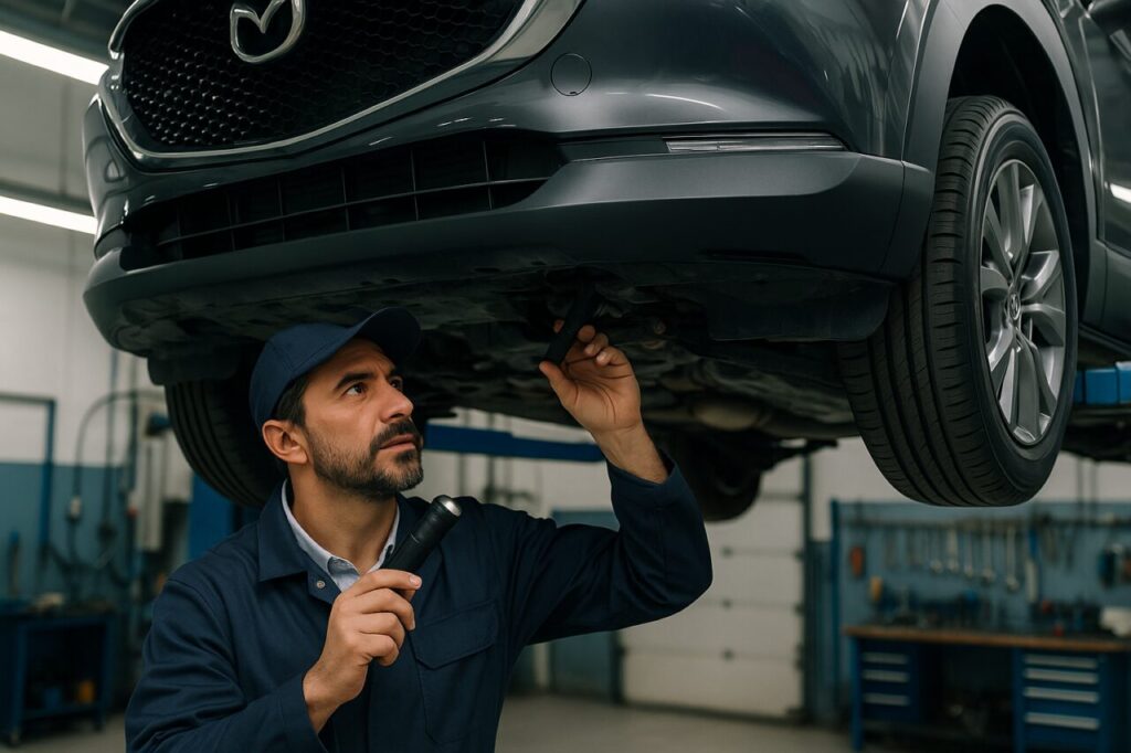 Meccanico italiano ispeziona sottoscocca e sospensioni di un Mazda CX-30 usato in officina